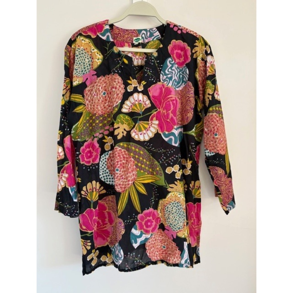 Dolma Womens XL Floral Cotton Tunic Top Black Pink Yellow Long Sleeve Split Neck